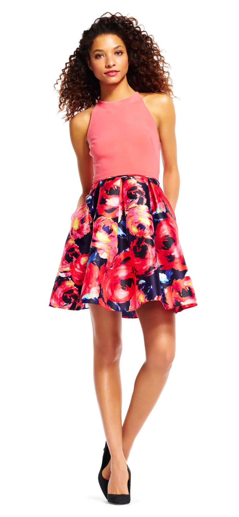 Adrianna Papell - AP1E201127 Floral Halter A-Line Cocktail Dress In Pink and Floral