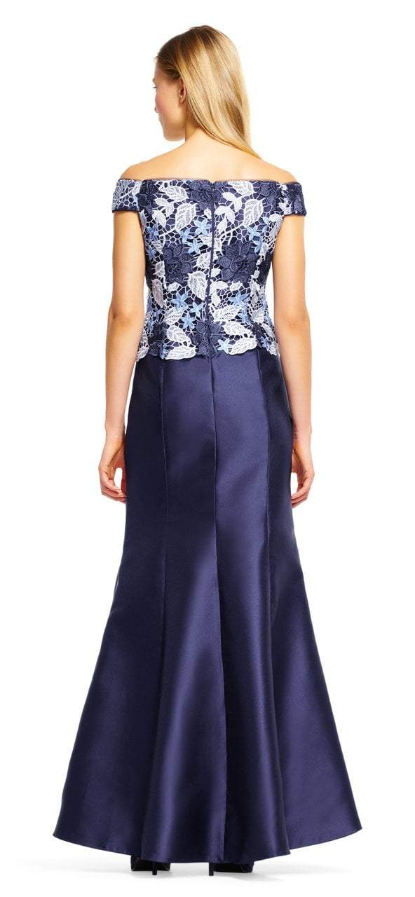 Adrianna Papell - AP1E201247 Off Shoulder Guipure Lace Mikado Gown in Blue