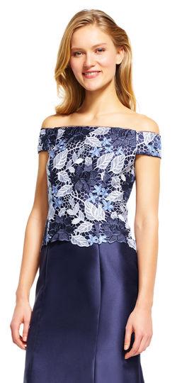 Adrianna Papell - AP1E201247 Off Shoulder Guipure Lace Mikado Gown in Blue