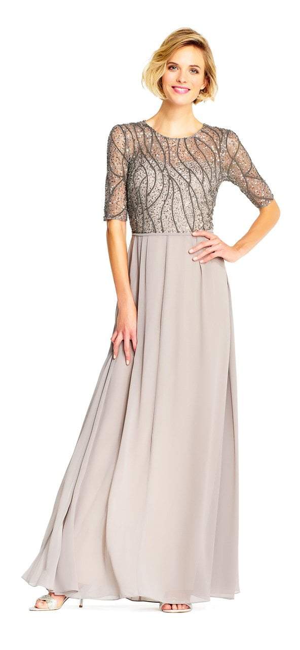 Adrianna Papell - AP1E202210 Elbow Sleeves Beaded Chiffon Gown in Silver