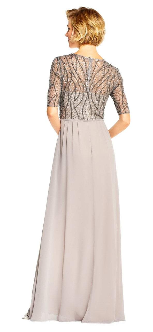 Adrianna Papell - AP1E202210 Elbow Sleeves Beaded Chiffon Gown in Silver