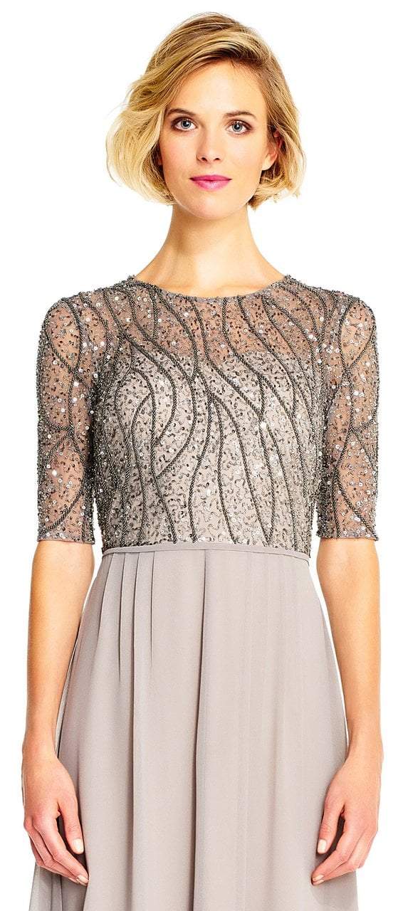 Adrianna Papell - AP1E202210 Elbow Sleeves Beaded Chiffon Gown in Silver