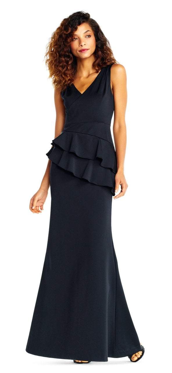 Adrianna Papell V Neck Fitted Ruffled Long Dress AP1E202233SC