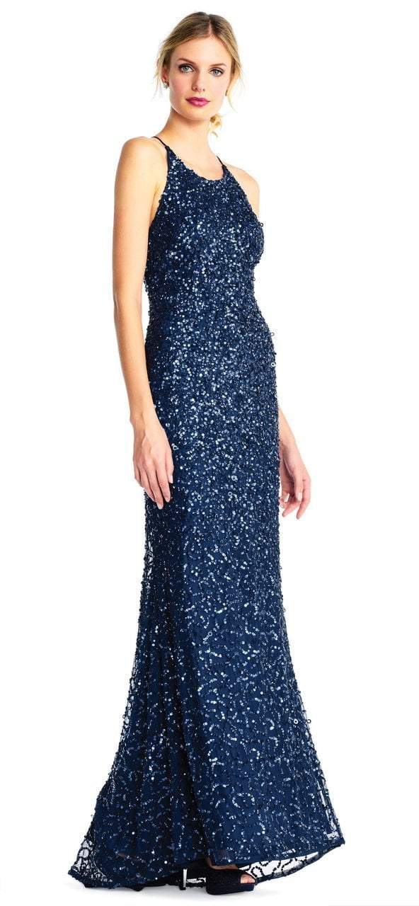 Adrianna Papell - AP1E202438 Crossed String Back Sequined Halter Gown in Blue