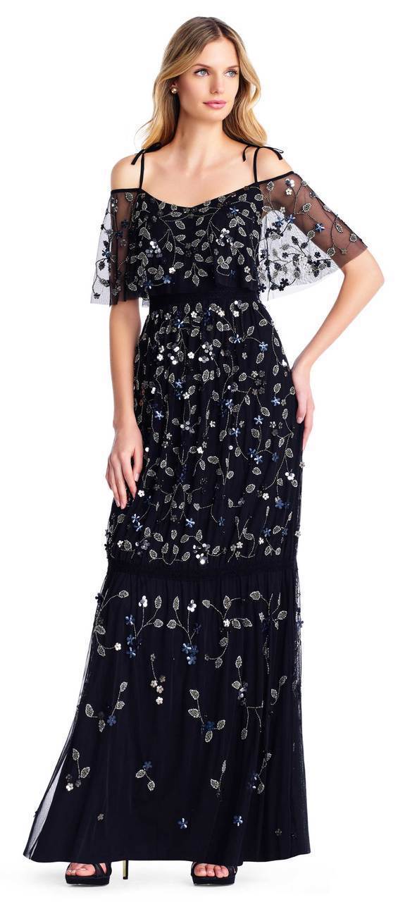 Adrianna Papell AP1E202674 - Long Sheath Dress - Floral Bead  Embellishments, Cold Shoulder Short Sleeves, Spaghetti Straps, Mid-Open  Back, Back Zipper Closure  ADASA