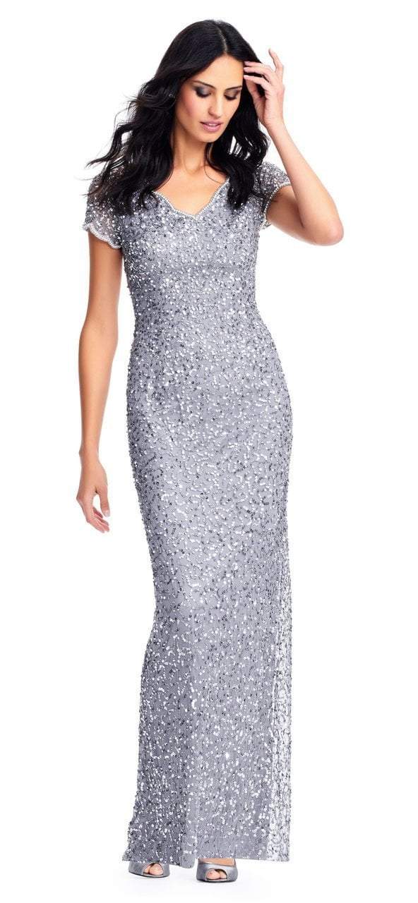 Adrianna Papell - AP1E202907 Fully Sequined Short Sleeves Evening Gown in Silver and Gray