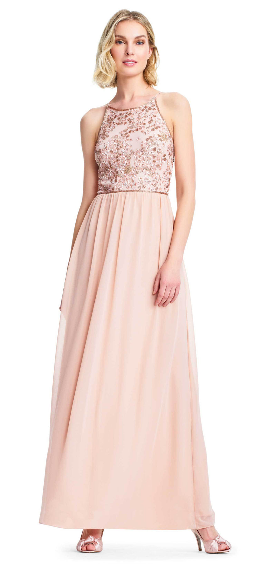 Adrianna Papell - AP1E203111 Bedazzled Halter Chiffon A-line Dress In Pink