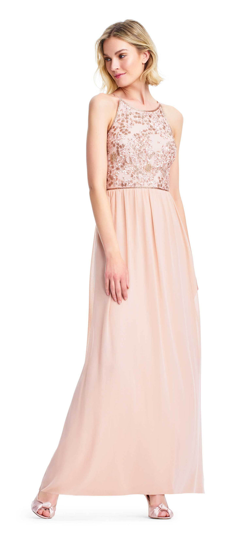 Adrianna Papell - AP1E203111 Bedazzled Halter Chiffon A-line Dress In Pink