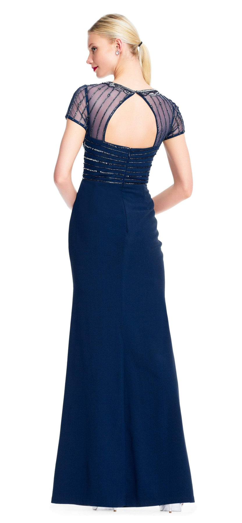 Adrianna Papell - AP1E203646 Beaded Sheer Short Sleeve Trumpet Dress In Blue