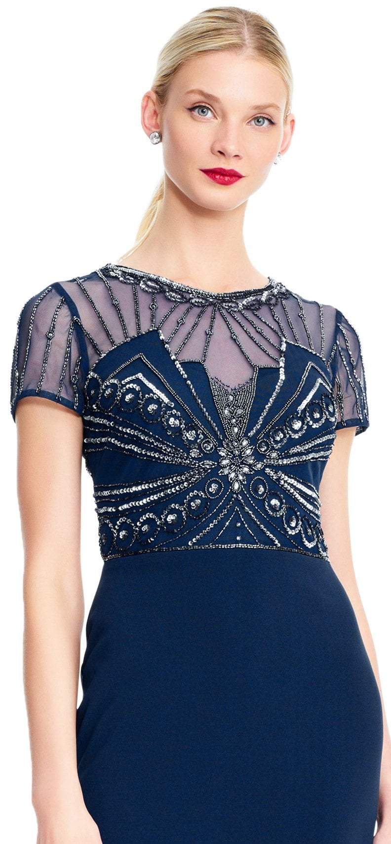 Adrianna Papell - AP1E203646 Beaded Sheer Short Sleeve Trumpet Dress In Blue