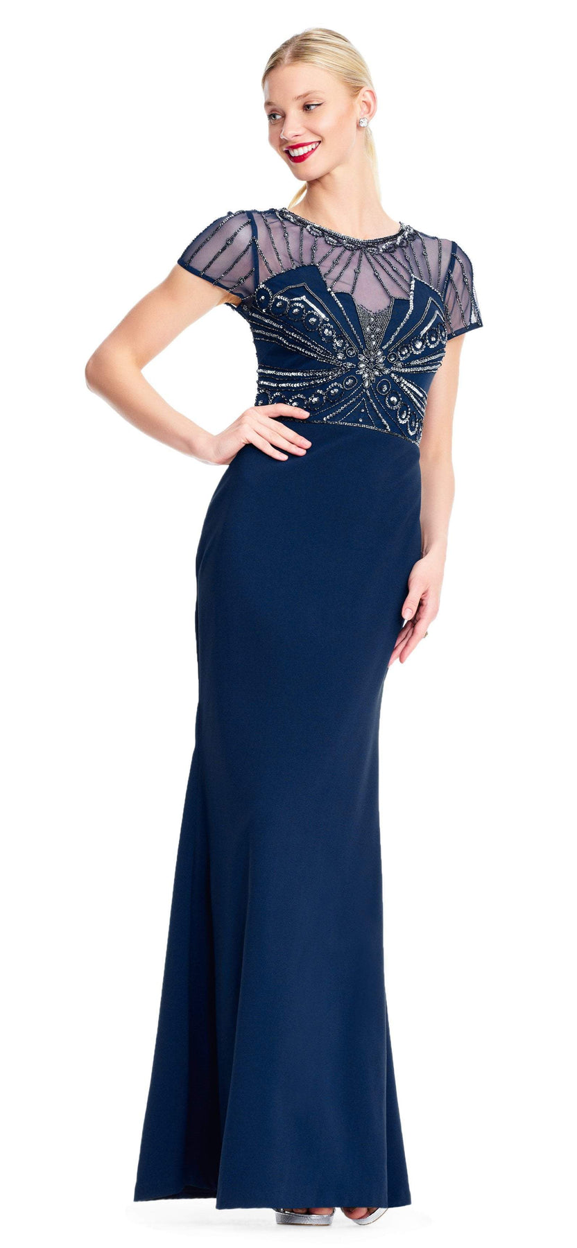 Adrianna Papell - AP1E203646 Beaded Sheer Short Sleeve Trumpet Dress In Blue