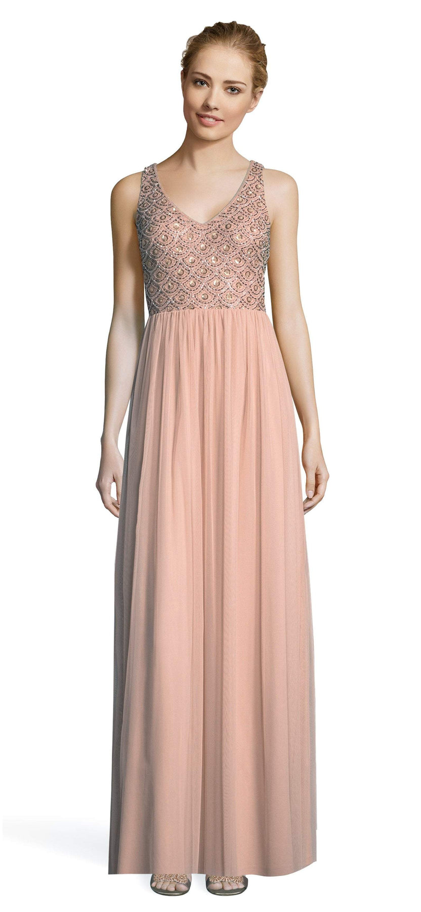 Adrianna Papell - AP1E203719 Beaded V-neck Long A-line Dress In Pink