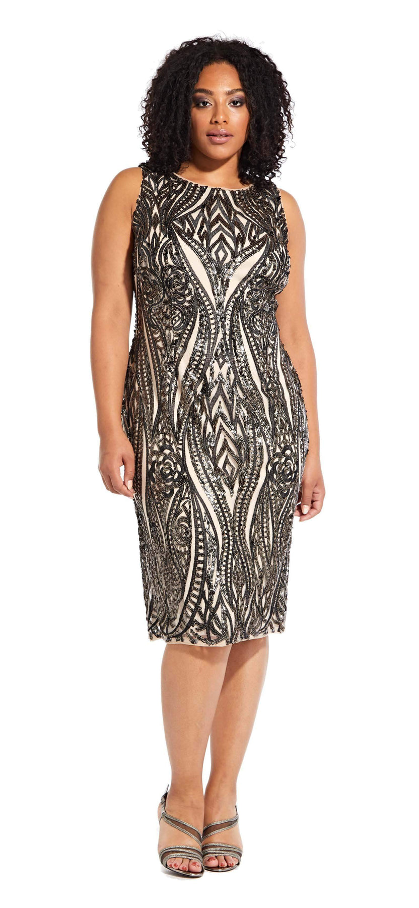 Adrianna Papell - AP1E204314 Sequined Jewel Cocktail Dress In Black and Nude