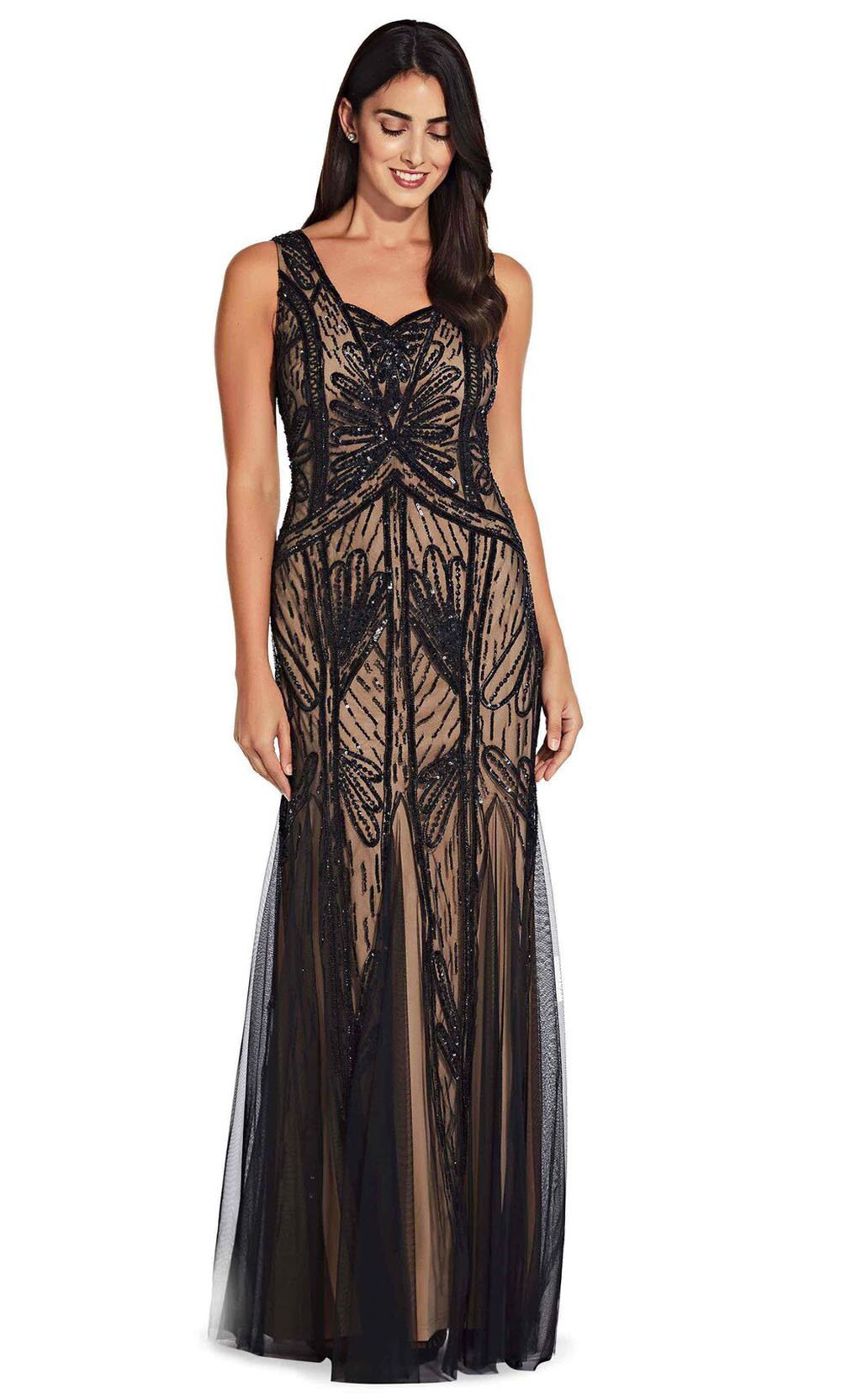 Adrianna Papell AP1E205802 - Long Mermaid Dress - Beaded Mesh, Sleeveless, Zipper Back, Godet, Embellished, V-Back, Fitted ADASA Adrianna Papell AP1E205802 - Long Mermaid Dress - Beaded Mesh, Sleeveless, Zipper Back, Godet, Embellished, V-Back, Fitted ADASA