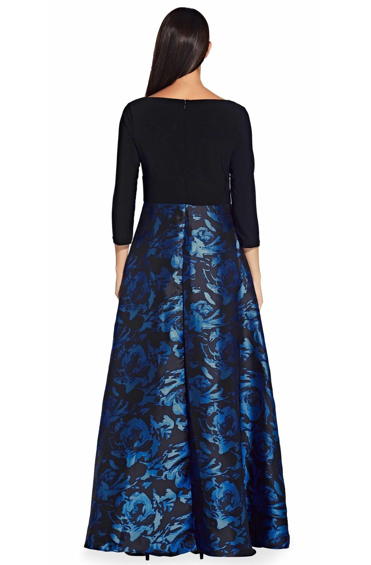 Adrianna Papell - AP1E206803 Floral Print Jacquard A-line Dress In Black and Blue