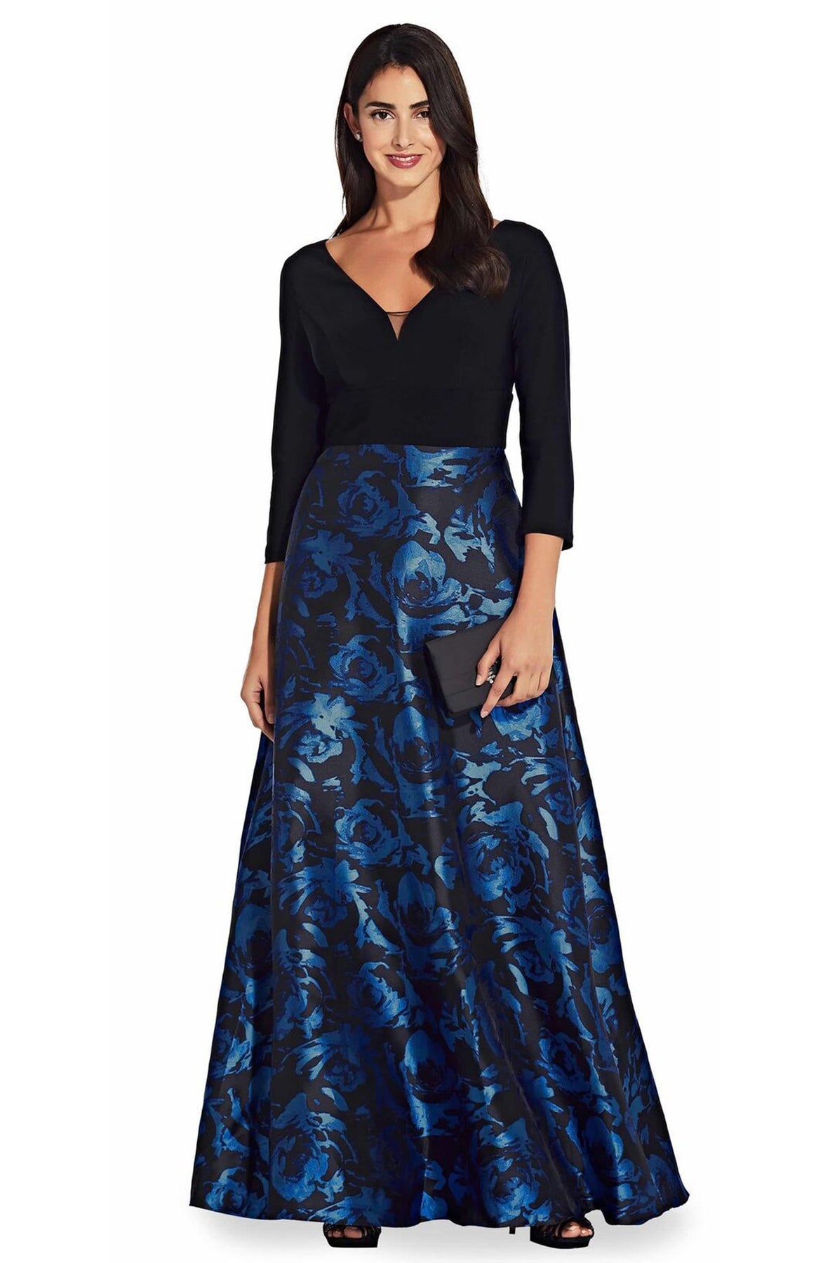 Adrianna Papell - AP1E206803 Floral Print Jacquard A-line Dress In Black and Blue