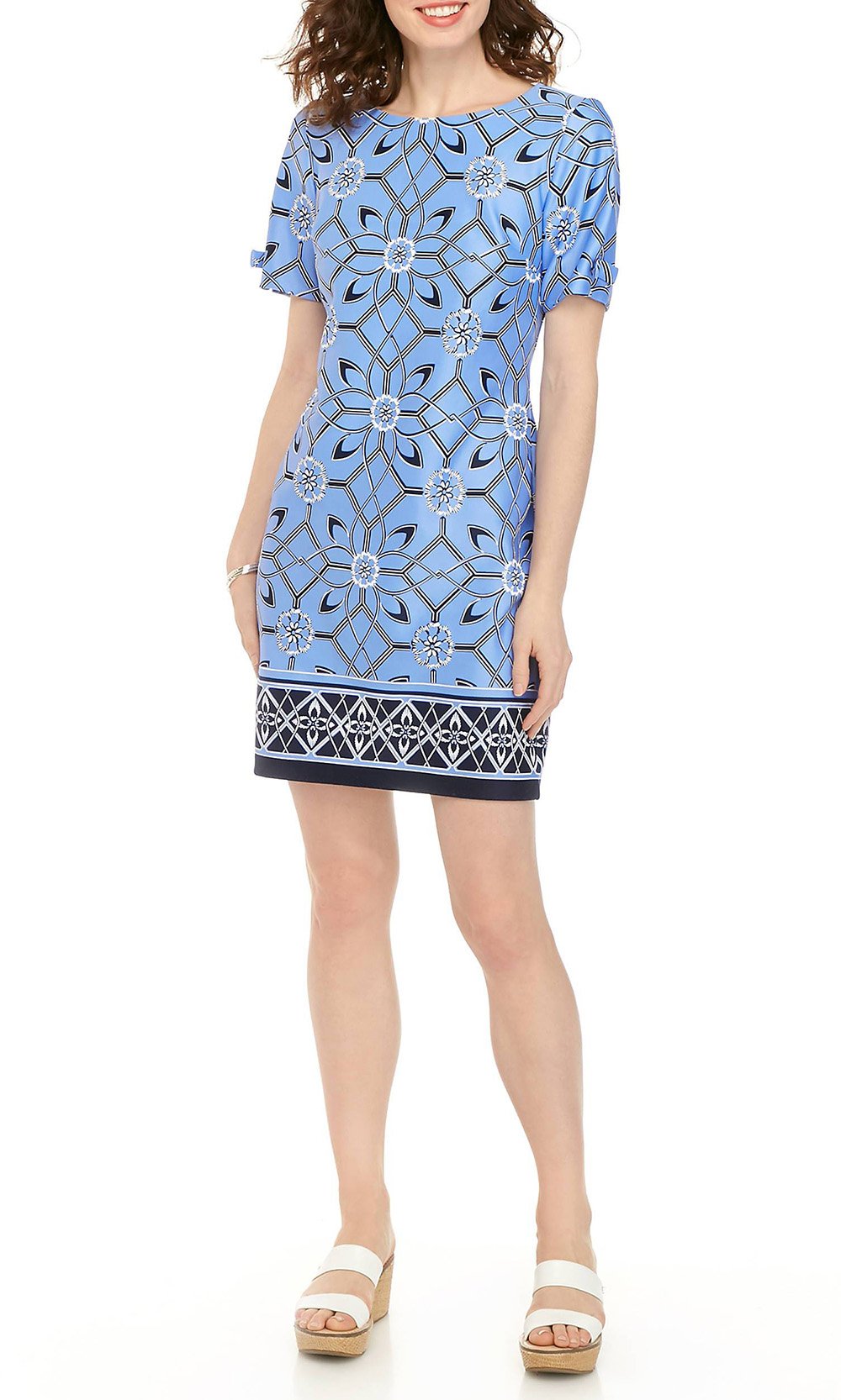 Sandra Darren - 73599 Split Bow-Ornate Sleeve Border Print Dress In Blue