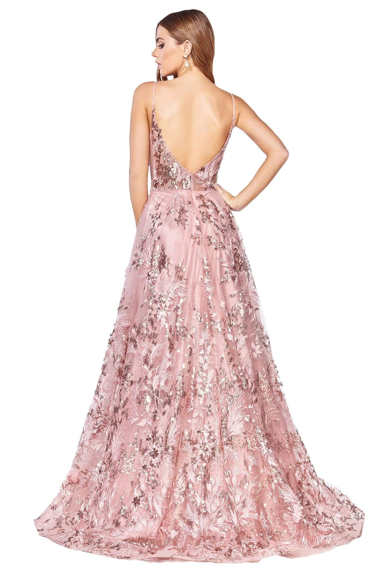 Cinderella Divine - CB048 Embroidered Deep V-neck A-line Dress In Pink
