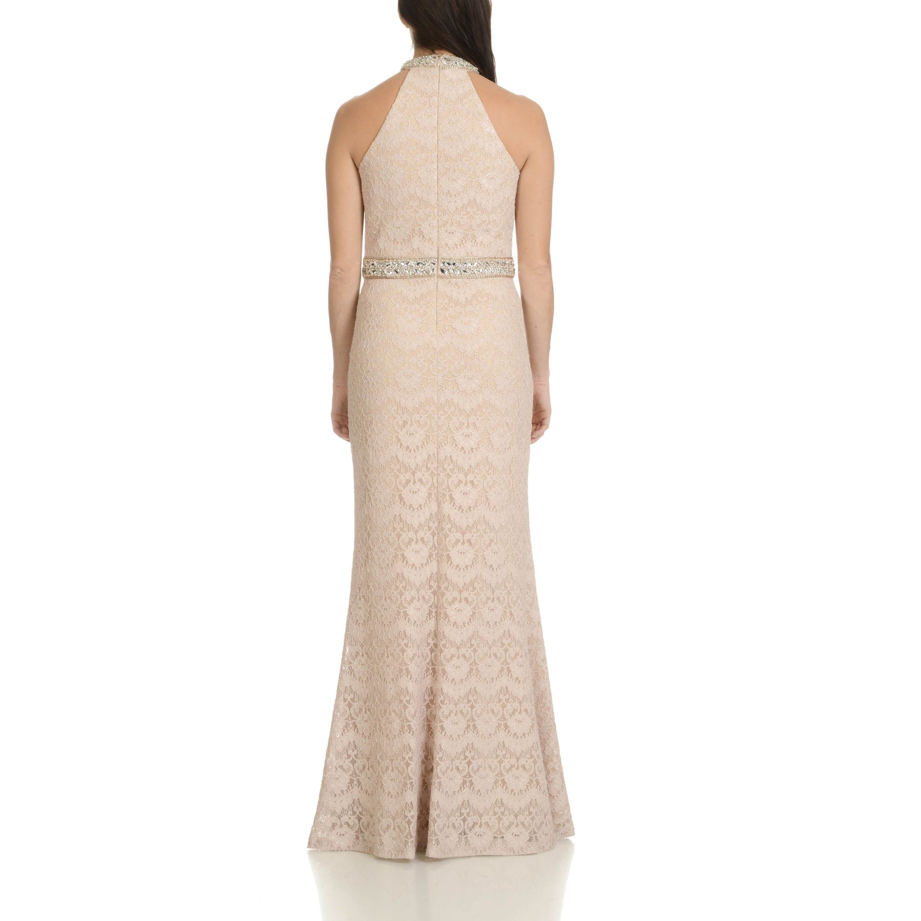 Cachet - 57808 Jeweled Collar Halter Lace Gown In Neutral
