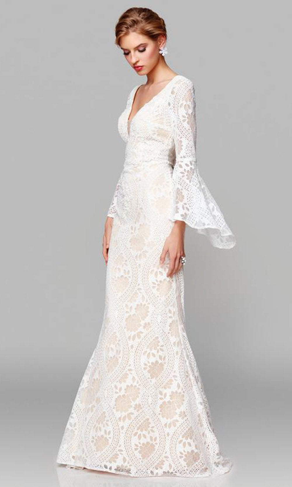 Clarisse - 600101 Bell Sleeve Allover Lace Trumpet Gown In White and Neutral
