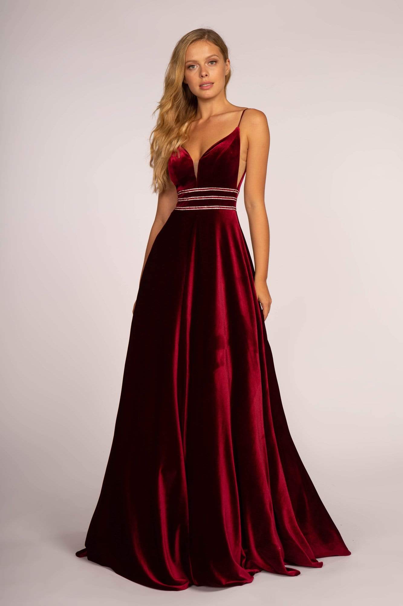 Elizabeth K - GL2584 Illusion Plunging Neck Sleeveless Velvet Gown Prom Dresses XS / Burgundy