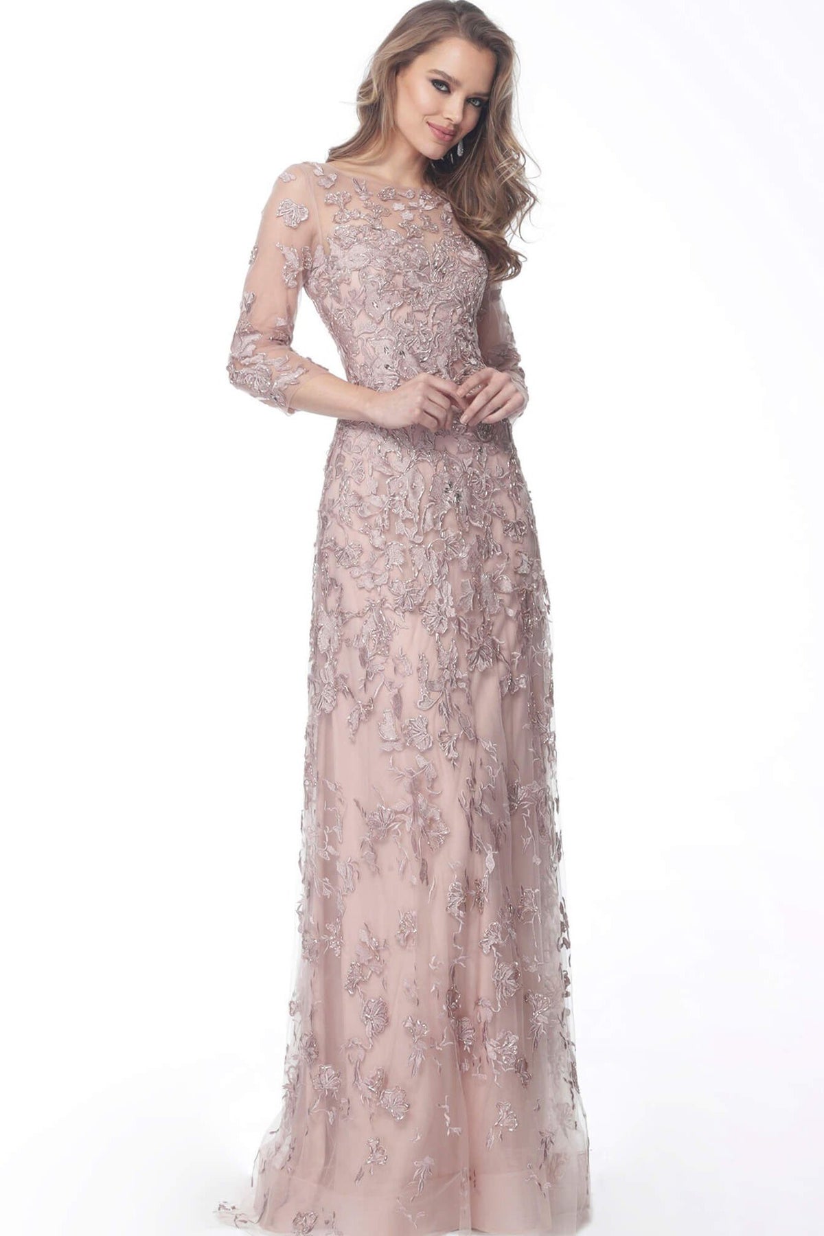 Jovani - 59376 Sheer Neckline Floral Embroidered A-Line Dress In Pink