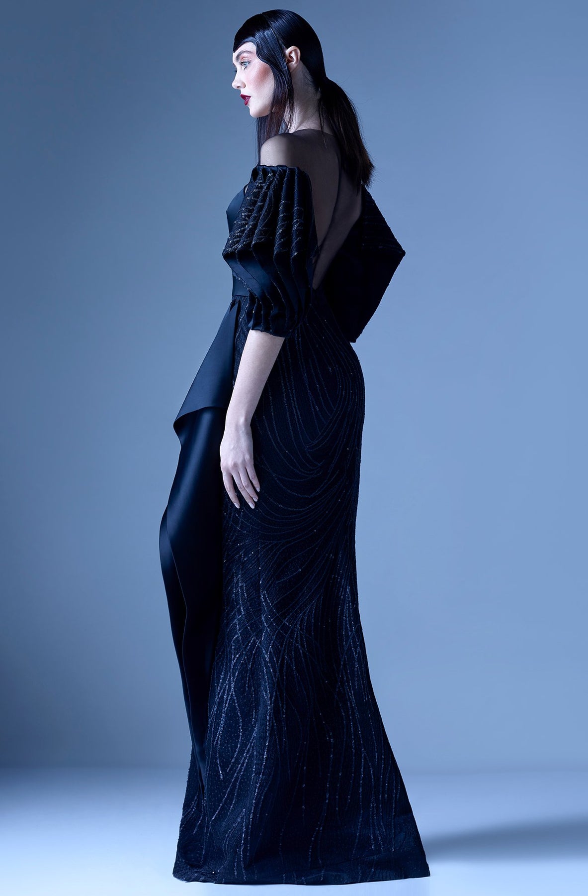 MNM Couture - G0956 Applique Illusion Jewel Sheath Dress in Black