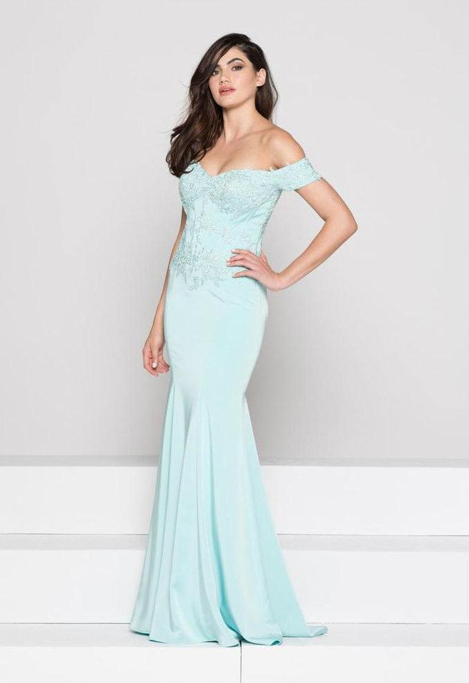 Glow by Colors Off Shoulder Lace Corset Long Gown in Aqua