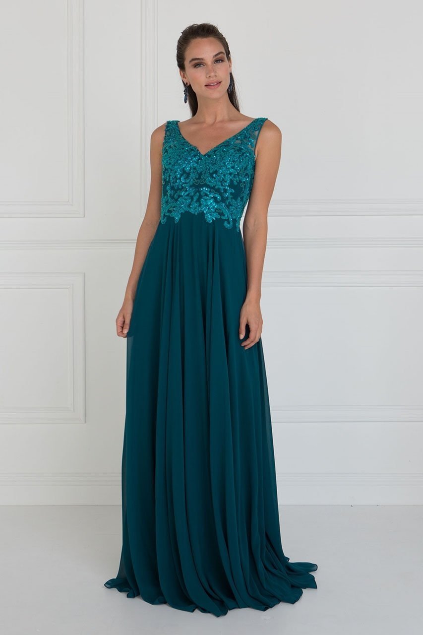 Elizabeth K - Bead Embroidered A-Line Evening Gown GL1567 In Blue and Green