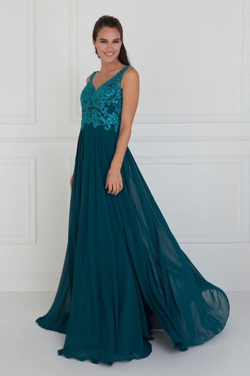 Elizabeth K - Bead Embroidered A-Line Evening Gown GL1567 In Blue and Green