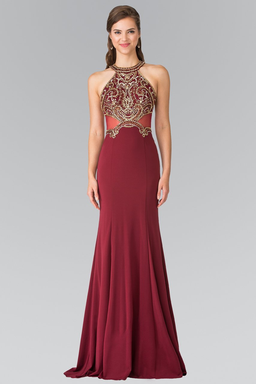 Bead Embellished Halter Sheer Back Evening Gown GL2328 In Red
