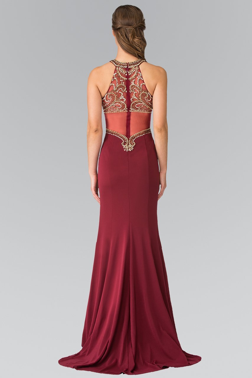 Bead Embellished Halter Sheer Back Evening Gown GL2328 In Red