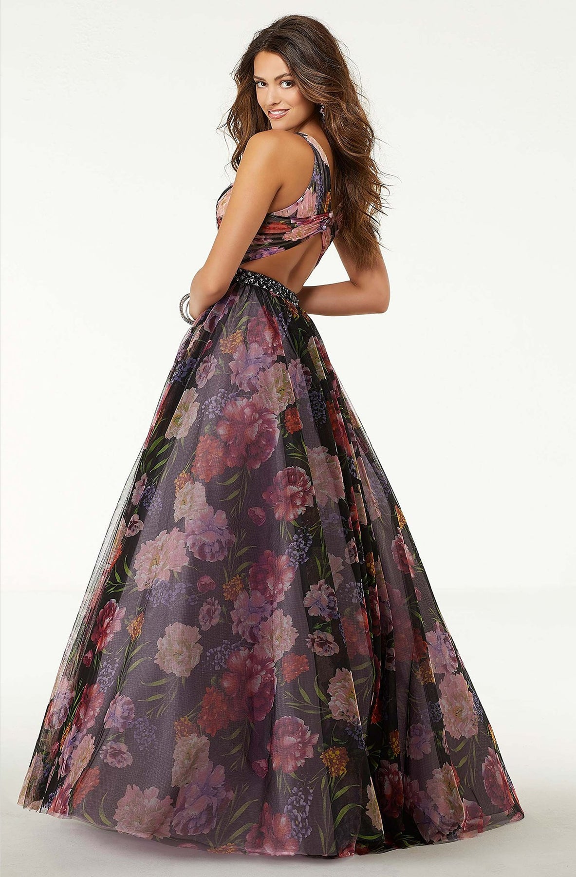 Mori Lee - 45084 Floral Patterned Long Ballgown In Black and Multi