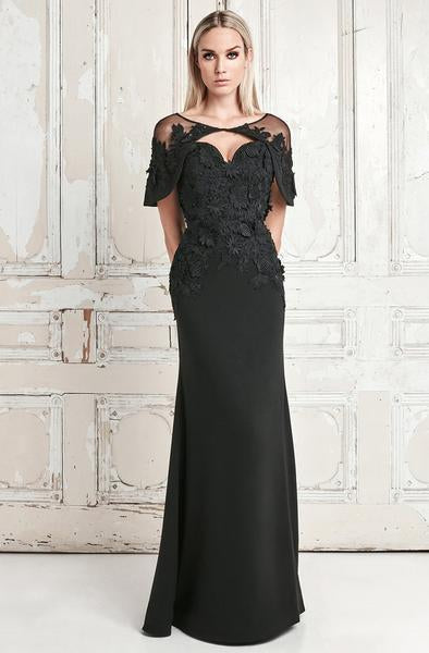 Daymor Couture - Floral Applique Sweetheart Sheath Dress With Cape 776 In Black