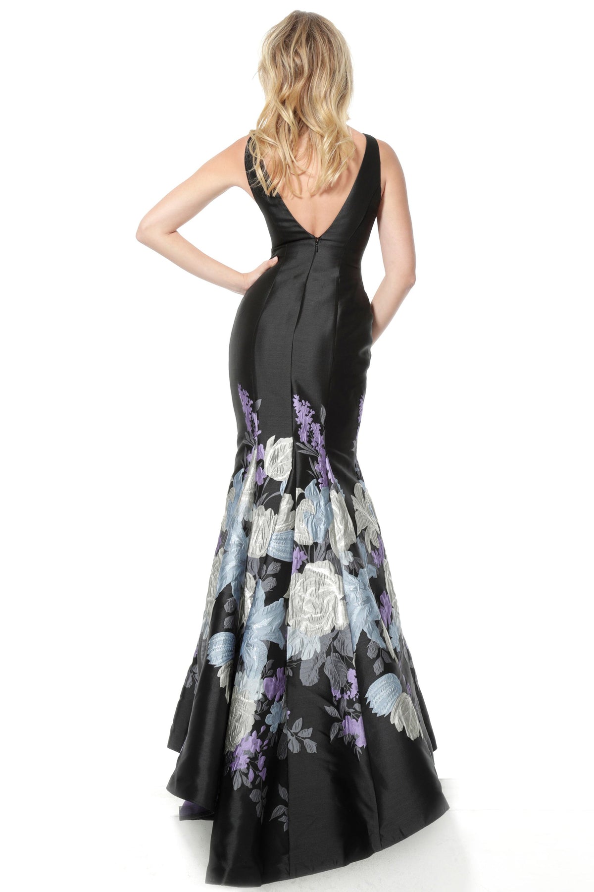 Jovani - 64289 Sleeveless V-Neck Trumpet Dress In Black and Multi
