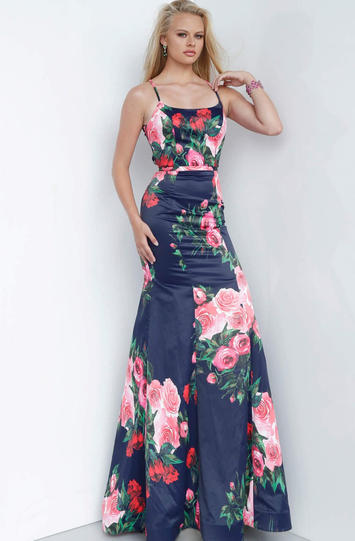 Jovani - JVN1110 Floral Print Square Trumpet Gown In Blue and Print
