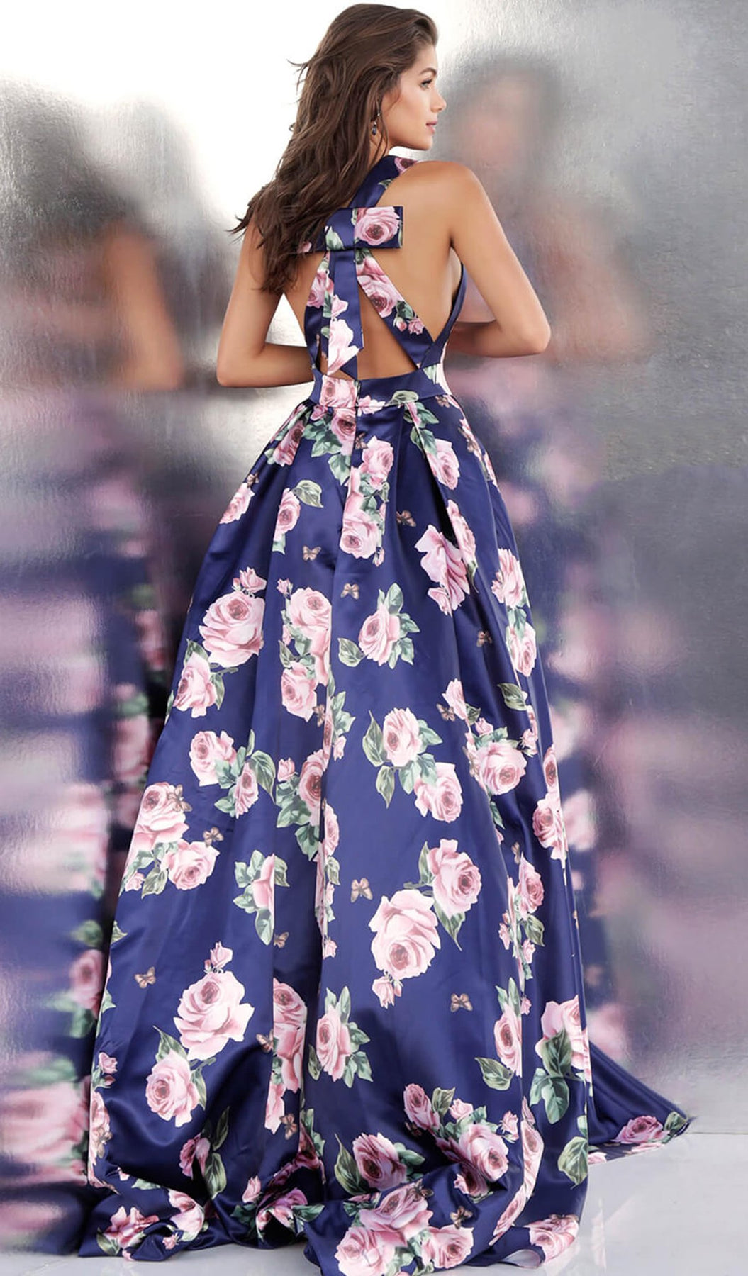 Jovani - JVN66938 Plunging Floral Print Satin Ballgown in Blue