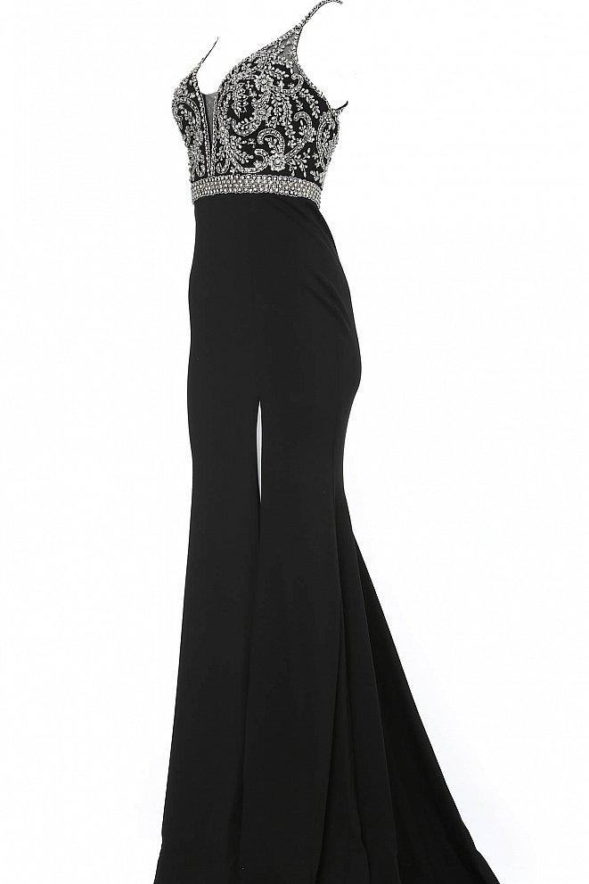 Jovani - JVN68317SC Jeweled Plunge Bodice High Slit Dress