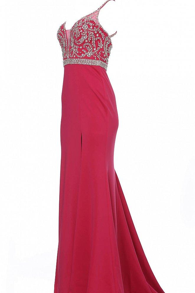 Jovani - JVN68317SC Jeweled Plunge Bodice High Slit Dress