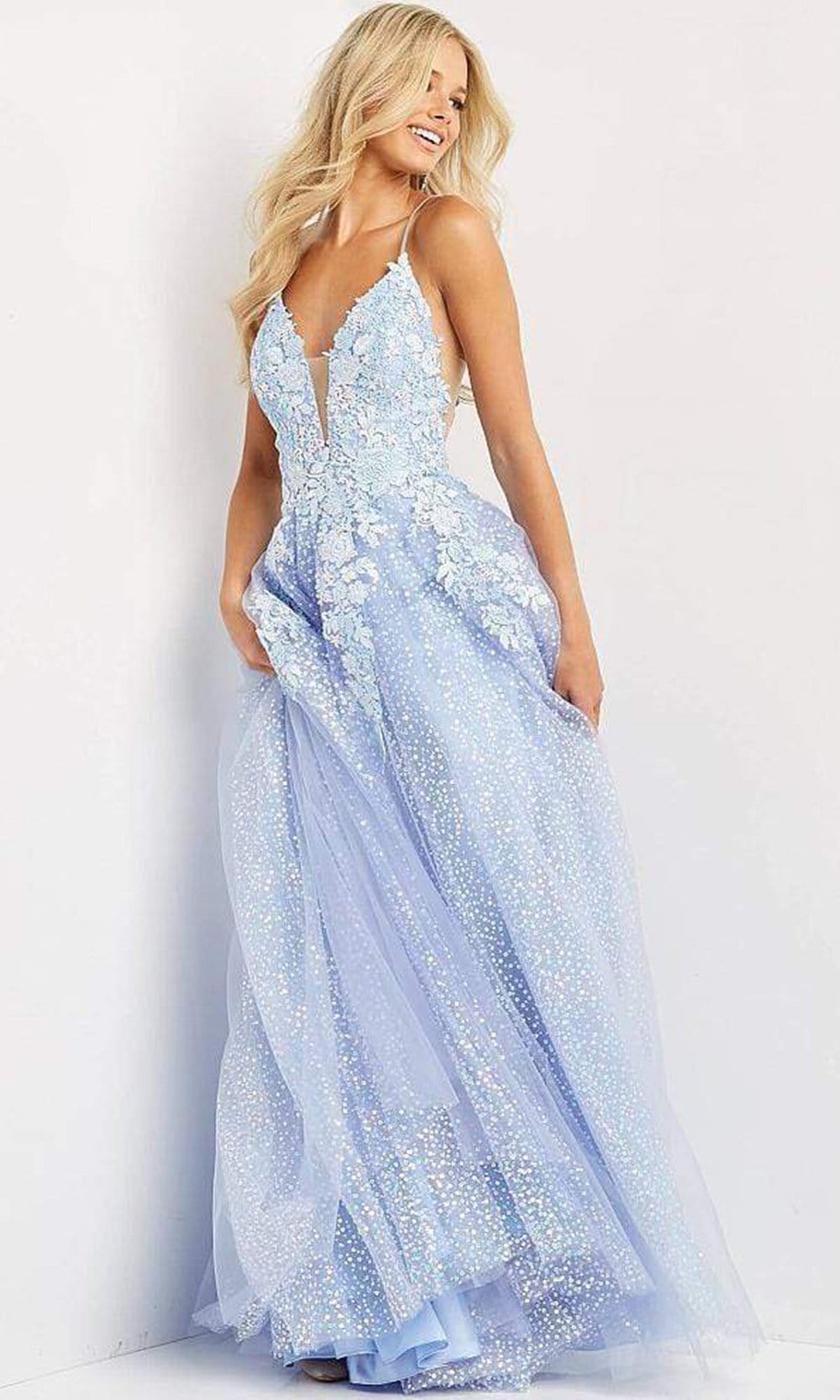 jovani blue floral prom dress Jovani 47029 Printed Floral Tiered Corset Prom Dress White / Blue / 2