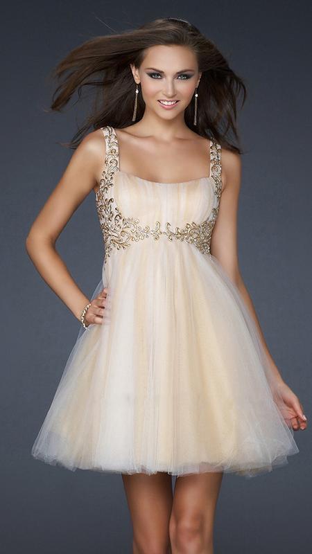 La Femme 17500 - Short A Line Dress - Pleated Bust, Embellishments On Straps and Waistline, Square-Open Back 6 / White/Nude La Femme 17500 - Short A Line Dress - Pleated Bust, Embellishments On Straps and Waistline, Square-Open Back 6 / White/Nude