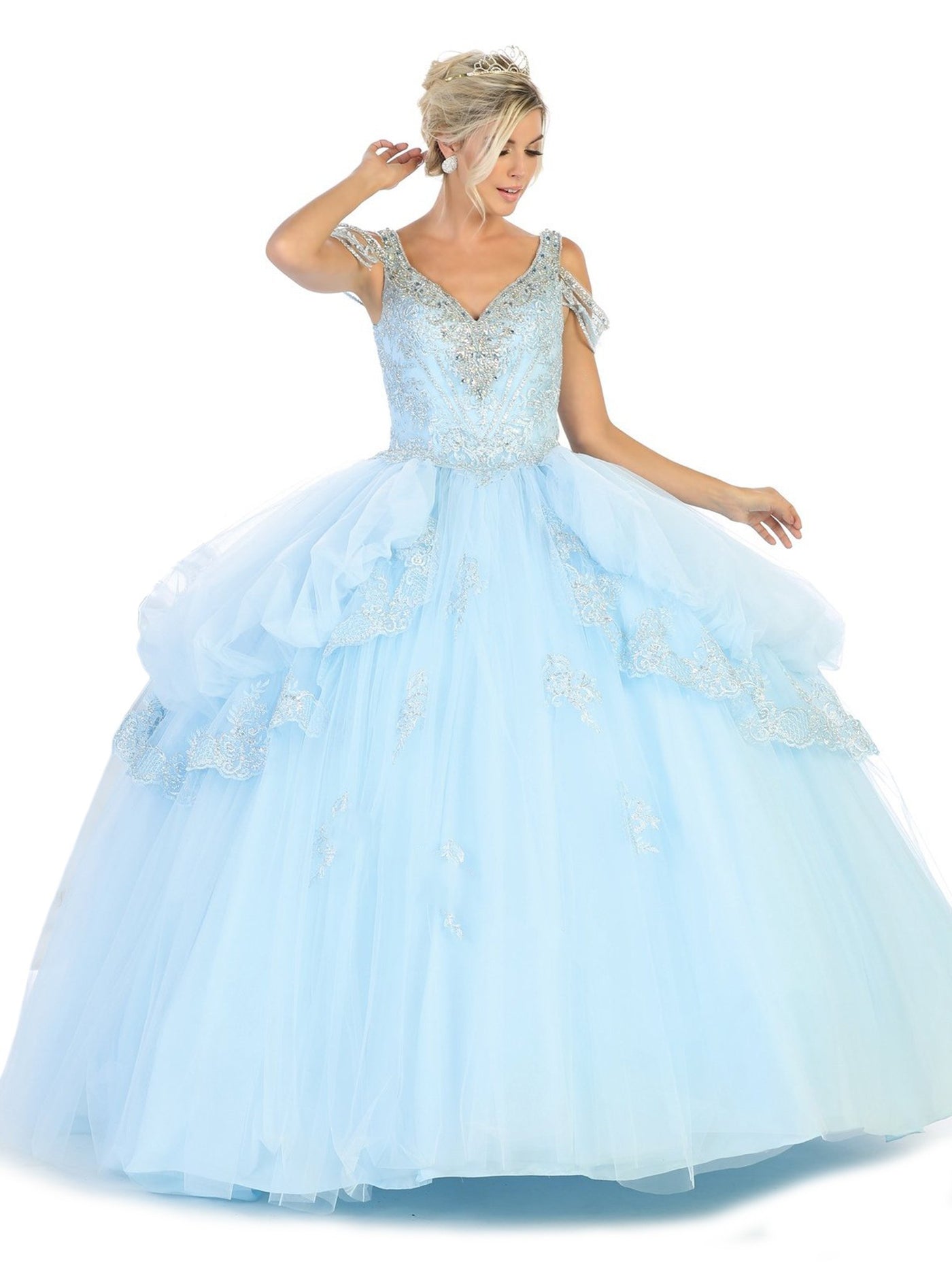 May Queen - LK116 Jeweled Lace Bodice Ruffled Ballgown In Blue