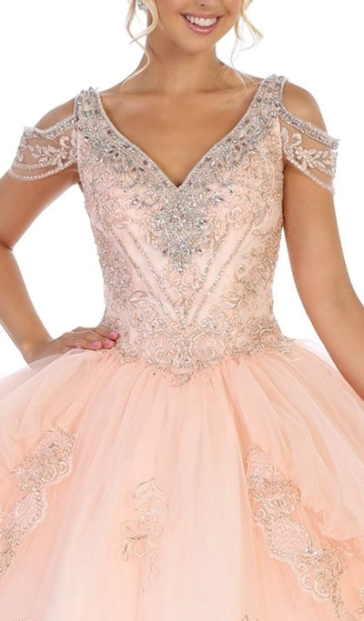 May Queen - LK116 Jeweled Lace Bodice Ruffled Ballgown In Pink