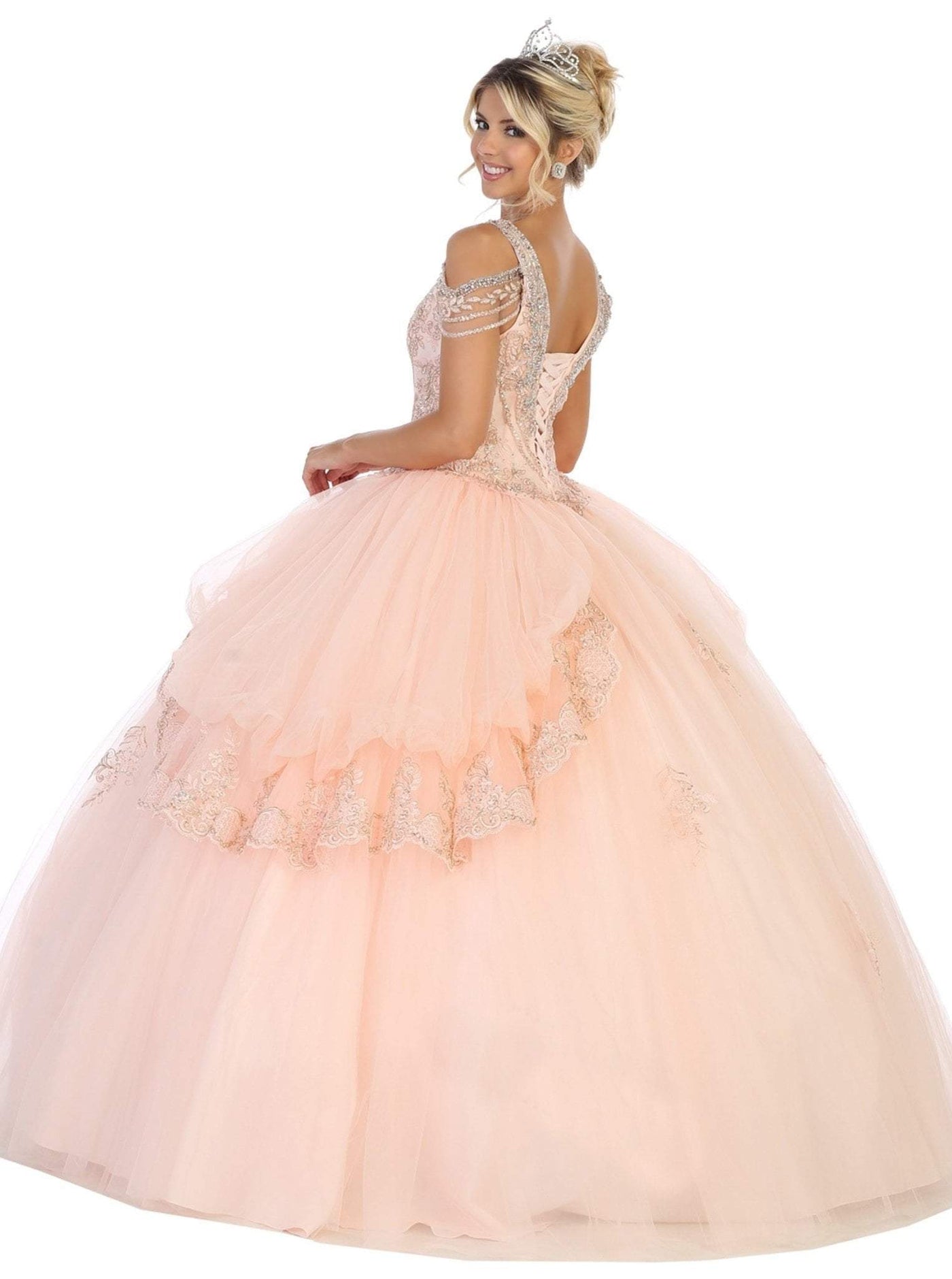 May Queen - LK116 Jeweled Lace Bodice Ruffled Ballgown In Pink