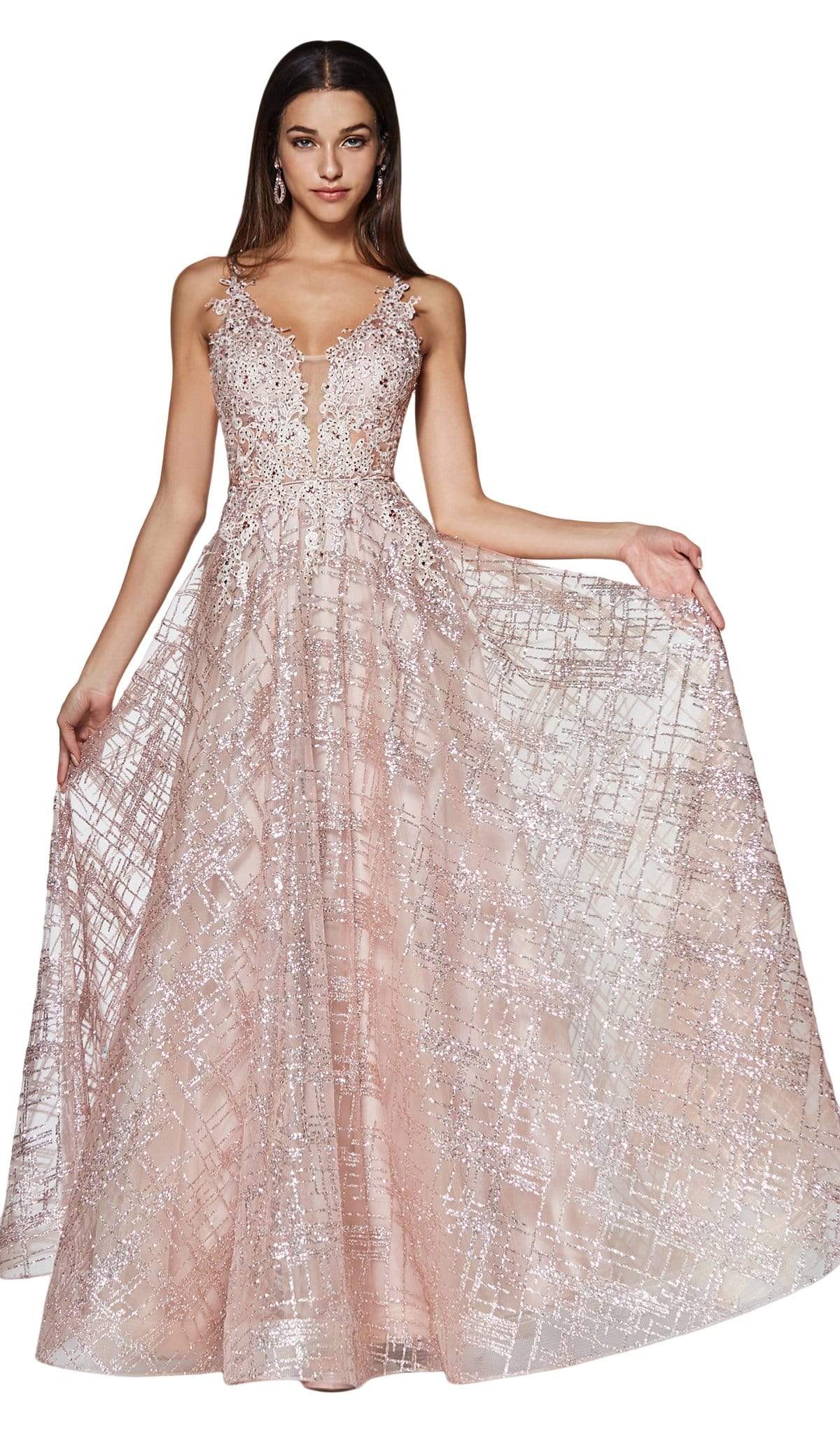 Cinderella Divine - CJ515 Plunging Illusion Beaded Lace Bodice Gown Prom Dresses 2 / Rose Gold