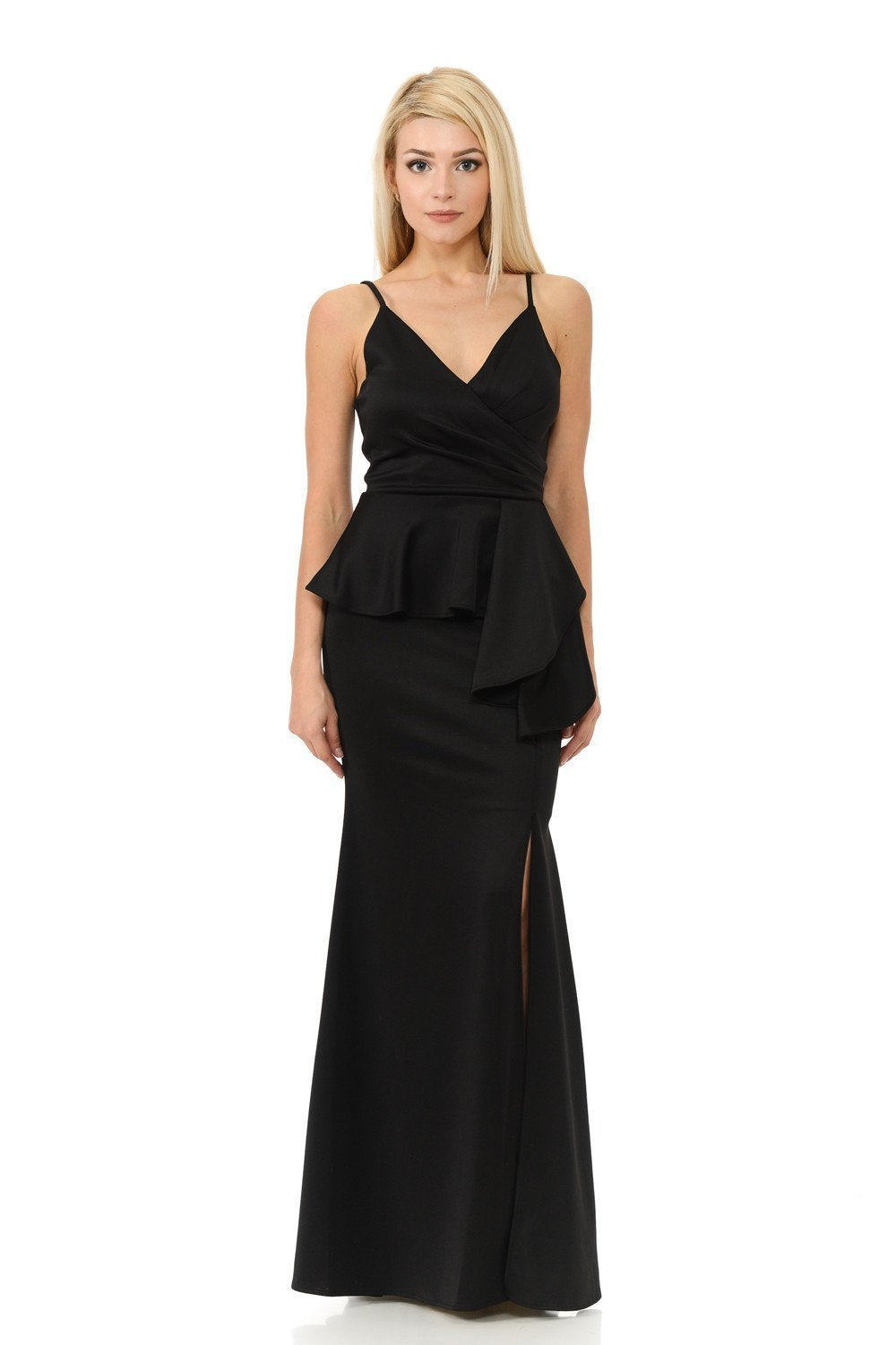 Lenovia - V-Neck Wrap Bodice Peplum Evening Dress 5174 In Black
