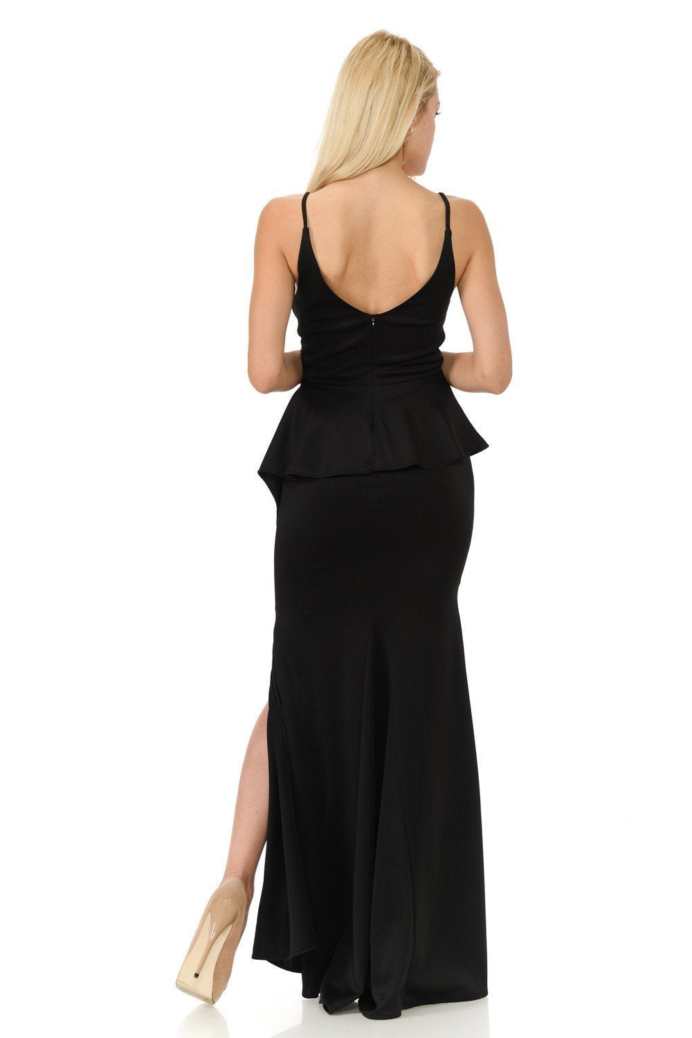 Lenovia - V-Neck Wrap Bodice Peplum Evening Dress 5174 In Black