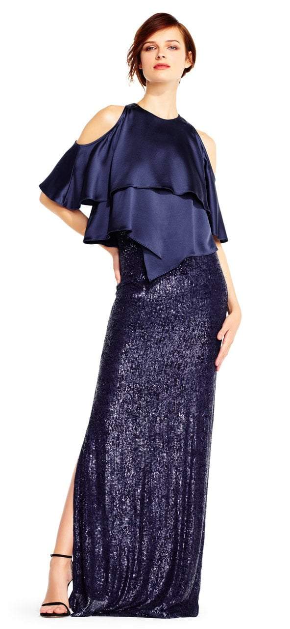 Aidan Mattox MD1E201424 Jewel Neck Popover Sequined Gown in Blue