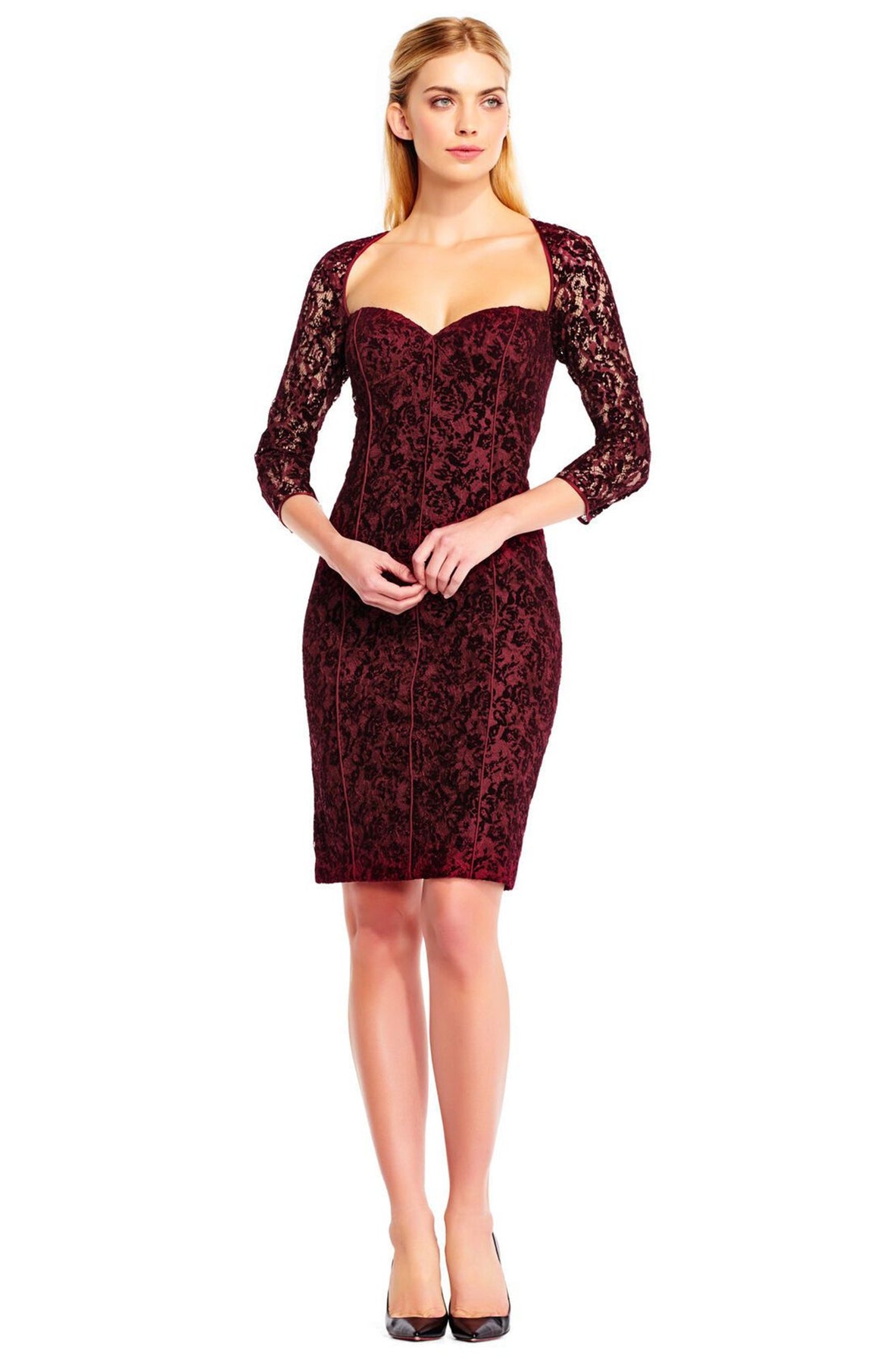 Aidan Mattox - MD1E201458 Fully Lace Sweetheart Sheath Dress In Red