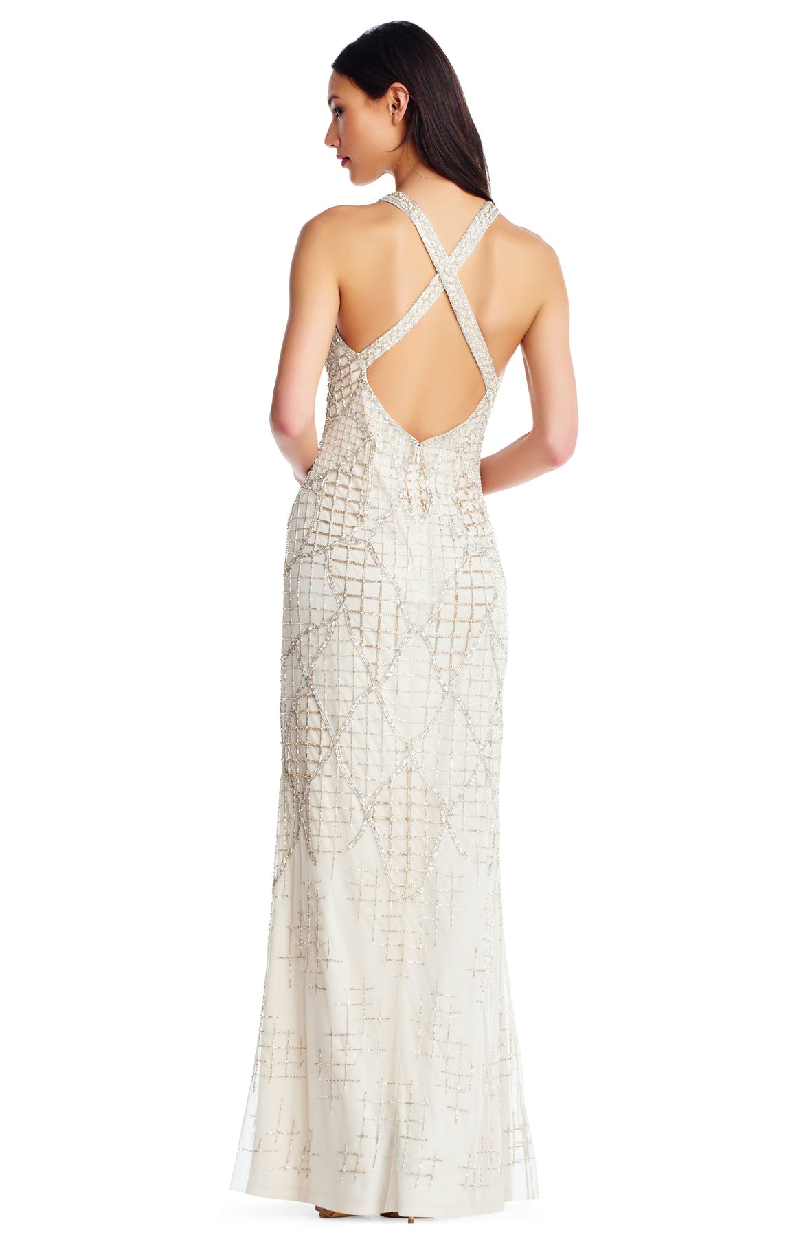 Aidan Mattox - MD1E202819 Lattice Beaded Gown with Criss Cross Back In Neutral